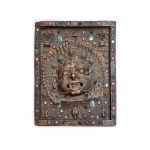 ANTIQUE RELIEF PANEL, TIBET, VARIOUS DEITIES IN BRONZE AS WELL AS DECORATIVE ORNAMENTS