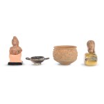 BUNDLE: 2 TERRACOTTA HEADS, 1 FLUTED CUP, AND 1 BOWL FROM APULIA, ROMAN?