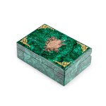 LARGE MALACHITE BOX, LID FEATURES 5 SILVER AND GILT RELIEFS, MARKED (84 ZOLOTNIKI)