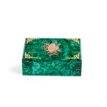 LARGE MALACHITE BOX, LID FEATURES 5 SILVER AND GILT RELIEFS, MARKED (84 ZOLOTNIKI)