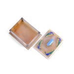 LIDDED BOX, AGATE?, WITH GILT SILVER AND ENAMEL APPLIQUÉS