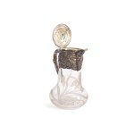PITCHER, CLEAR GLASS WITH CUT FLORAL DECORATION