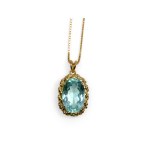 NECKLACE WITH AQUAMARINE PENDANT, BOTH 14 KT YELLOW GOLD, HALLMARKED