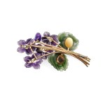 VIOLET BROOCH WITH AMETHYST BLOSSOMS, 14K YELLOW GOLD