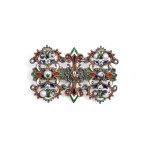 BROOCH, SILVER AND ENAMEL SET WITH PEARLS