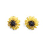 PAIR OF SUNFLOWER-SHAPED EARRINGS, YELLOW QUARTZ AND ONYX