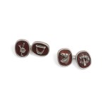 CUFFLINKS, SILVER WITH WOOD AND RELIEF SYMBOLS OF EQUESTRIAN SPORTS