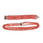 JEWELRY SET CONSISTING OF:, 3-STRAND CORAL NECKLACE AND 5-STRAND BRACELET