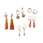 BUNDLE, FIVE PAIRS OF DROP EARRINGS, GOLD WITH AMBER AND CORAL