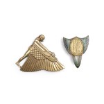 PAIR OF ART DECO BROOCHES, GILT BRASS WITH ENAMEL