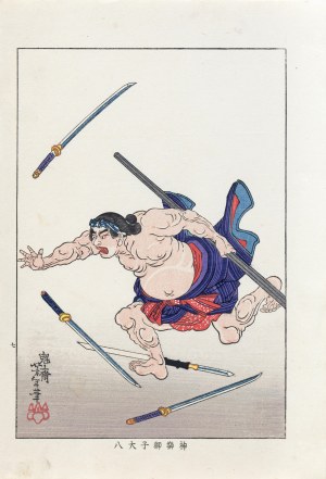 Tsukioka Yoshitoshi (1839-1892), Uciekający Daihachi Kagurajishi, z serii: „Biografie współczesnych mężczyzn”, wyd. Nippon Bijjutsu Dokokai, Japonia, 1920 r.