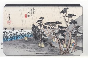 Utagawa Hiroshige (1797 - 1858), Deszcz na Oiso, z serii: Pięćdziesiąt trzy stacje na gościńcu Tōkaidō, Japonia, II poł XX w.