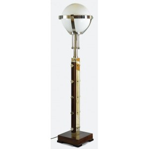 Lampa elektryczna, podłogowa, w typie art-dec, drewno, metal niklowany, szkło mleczne; wys. 186 cm; podstawa 35,8 x 35,5 cm.