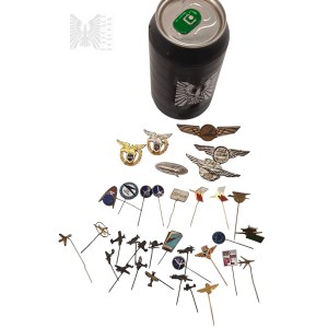 PRL - Aviation-themed pin set, Miniature Aircraft, Lufthansa, EVG, OPL Bytom, LOT, Piedmont, Mielec Aeroclub, SAS Junior Pilot, Junior Hostess