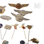 PRL - Aviation-themed pin set, Miniature Aircraft, Lufthansa, EVG, OPL Bytom, LOT, Piedmont, Mielec Aeroclub, SAS Junior Pilot, Junior Hostess