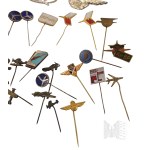 PRL - Aviation-themed pin set, Miniature Aircraft, Lufthansa, EVG, OPL Bytom, LOT, Piedmont, Mielec Aeroclub, SAS Junior Pilot, Junior Hostess