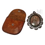 Religious Pendant with the Image of the Virgin Mary with Child (Lordes) in Leather Cover.