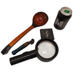 Miscellaneous from the Communist Drawer - Wooden Decorative Spoon, Large Magnifying Glass Magnifying Glass, Souvenir Gimnastika Ljubljana 1970 - World Sports Gymnastics Championships Ljubljana, Yugoslavia, Craftsman Tool for Leatherworking (?).