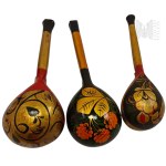 USSR/Russia Set of Three Decorative Wooden Spoons Painted with Plant Motif Khokhloma