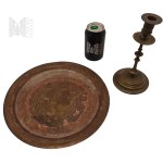 Brass Decorative Plate with Antique Motif Pharaoh Egypt/Egypt and Standing Candleholder Plewkiewicz Warsaw