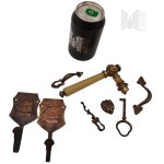 Set of Decorated Metal Furniture Fittings, Copper/Brass - Door Handle, Marine Motif Hangers, Drawer Holder, Lock Rosettes, Key, Vintage