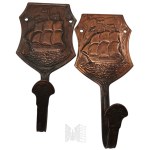 Set of Decorated Metal Furniture Fittings, Copper/Brass - Door Handle, Marine Motif Hangers, Drawer Holder, Lock Rosettes, Key, Vintage