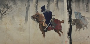 Kiyochika Kobayashi, Nocny patrol w śniegu w pobliżu Niu-chuang - tryptyk, 1894