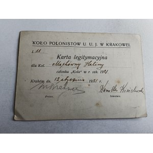 ID CARD KRAKÓW CIRCLE OF POLONISTS JAGIELLONIAN UNIVERSITY 1921