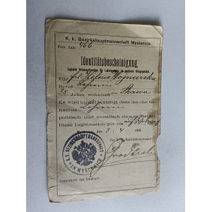 CERYFIKAT DOWÓD TOŻSAMOŚCI MYŚLENICE 1916 R, STAMP