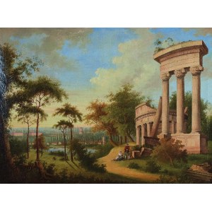 Malarz nieokreślony, zachodnioeuropejski, XIX w., Pejzaż z klasycystycznymi ruinami i sztafażem, ok. 1820