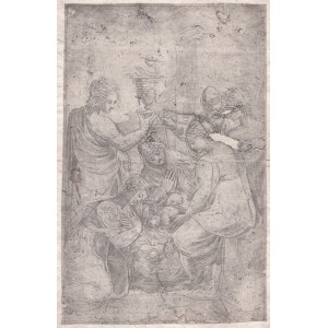 Andrea Meldolla, detto Schiavone ( 1510 ca. - 1563 ), The Christ Child in the cradle, surrounded by saints