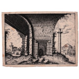Johannes van Doetecum I ( 1551 fl. - 1605 ), View of the ruins with the base of an arch and a column on the right, after Hieronymus Cock?