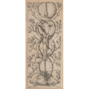 Stefano della Bella ( Firenze 1610 - 1664 ), Ornamental panel with two boar heads, from Ornamenti o grottesche