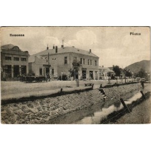 Homonna, Homenau, Humenné; Fő utca, gyógyszertár, Klein Dávid és fia üzlete. Hossza Gyula kiadása / main street...
