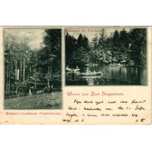 Glucholazy, Bad Ziegenhals; Winkler's Conditorei Friedrichsruhe, Waldteich mit Erholung / confectionery, forest, lake ...