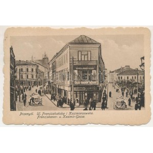 1917 Przemysl, Ul. Franciszkanska i Kazimierzowska / Franziskaner- u. Kasimir-Gasse / street view, fashion store...