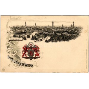 Braunschweig, Totalansicht. Heraldische Postkarte No. 5. F. Astholz / view, coat of arms. Art Nouveau, floral, litho ...
