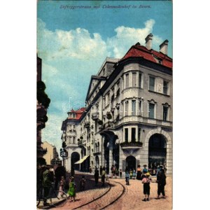 1911 Bolzano, Bozen (Südtirol); Defreggerstrasse mit Colonnadenhof / street view, tram (fl)