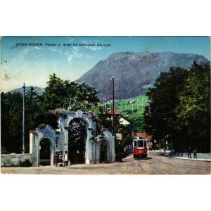 1913 Bolzano, Gries-Bozen (Südtirol); Parktor in Gries mit blühenden Glycinien / park, tram (EK)