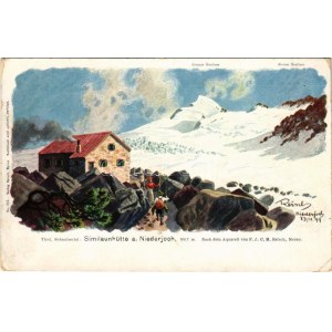 Niederjoch, Giogo Basso (Südtirol); Similaunhütte a. Niederjoch n. d. Aquarell v. F. A. C. M. Reisch (worn corners...
