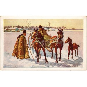 Hámbatörték a lovat. Magyar folklór művészlap / Hungarian folklore art postcard s: Benyovszky István (EK...