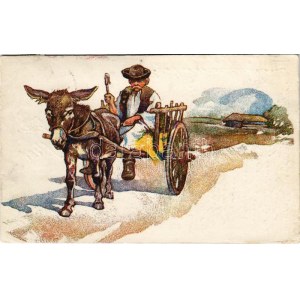 1928 A vidéki népéletből: Szamártaligás juhász. Bodócs L. Kecskemét / Hungarian folklore art postcard (gyűrődések ...