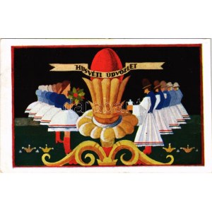 1942 Húsvéti üdvözlet. Magyar művészlap. Rigler József Ede R.J.E. 312. / Hungarian Easter greeting art postcard ...