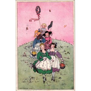 1919 Húsvéti üdvözlet / Easter greeting art postcard with girls. Rotophot Budapest Nr. 1727/1. s: Mela Koehler (EK...