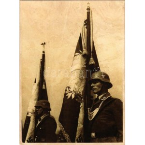 1938 Német katonák horogkeresztes zászlókkal / WWII German NSDAP Nazi military, soldiers. photo + So. Stpl. ...