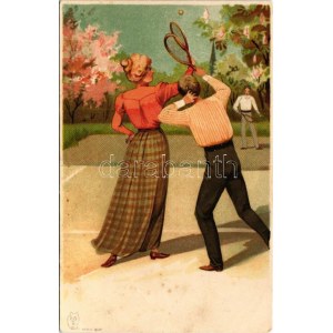 Romantic couple playing tennis. E.S.D. Serie 8070. litho (fa)