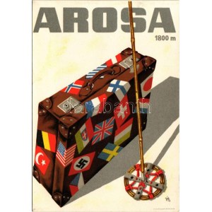 1936 Arosa. Swiss winter sport and ski art postcard, flags of Nazi Germany (swastika), United Kingdom, America, Sweden...