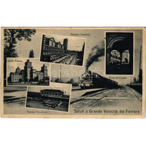 1934 Ferrara, saluti a Grande Velocitá, dettaglio cattedrale, castello Estense, stazione ferroviaria, volta de cavallo ...