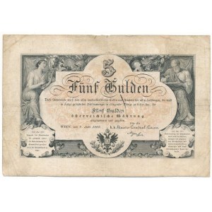 1866. 5G Cq 33 piros számozás, vízjeles papíron T:F,VG Austrian Empire 1866. 5 Gulden with red Cq 33 serial number...
