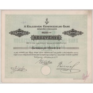 1894. Kolozsvár Kolozsvári Kereskedelmi-Bank részvénye 200K-ról szárazpecséttel, szelvényekkel, okmánybélyegekkel T...